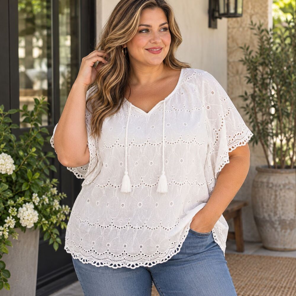 Catherines White Eyelet Tunic Top Size 4X Plus Poncho Peasant Coastal Cotton